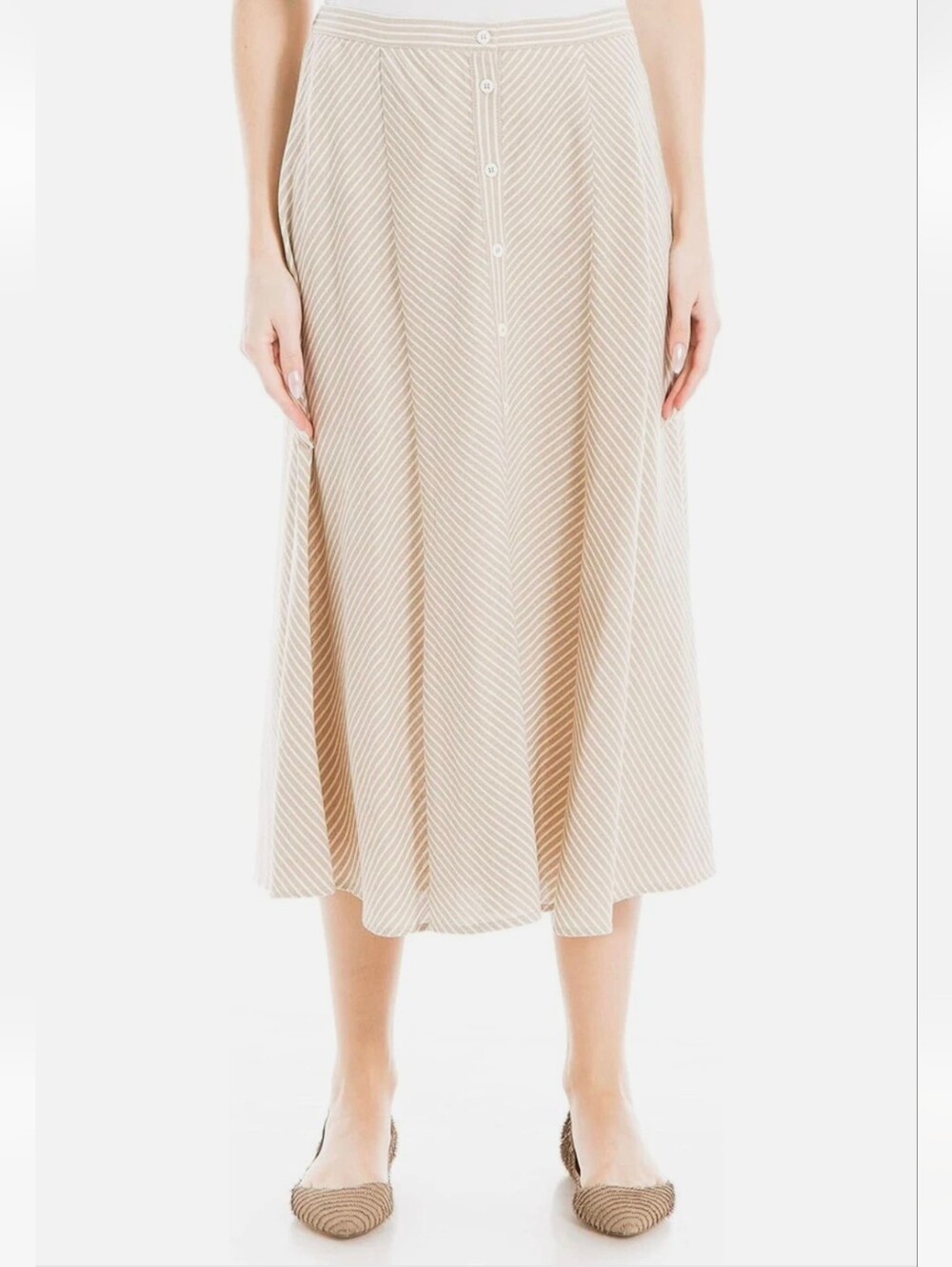 Max Studio Beige and White Striped Button-Front 100% Cotton Midi Skirt